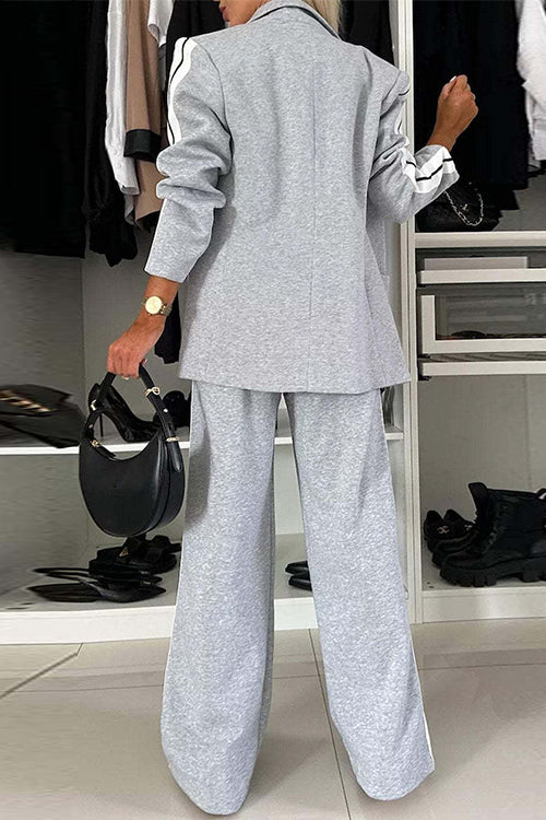 Rebadress Patchwork Notch Lapel Pocketed Blazer Elastic Waist Wide Leg Pants Casual Set