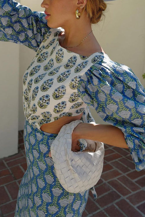 Rebadress Lantern Sleeves Bow Back Cut Out Printed Midi Dress