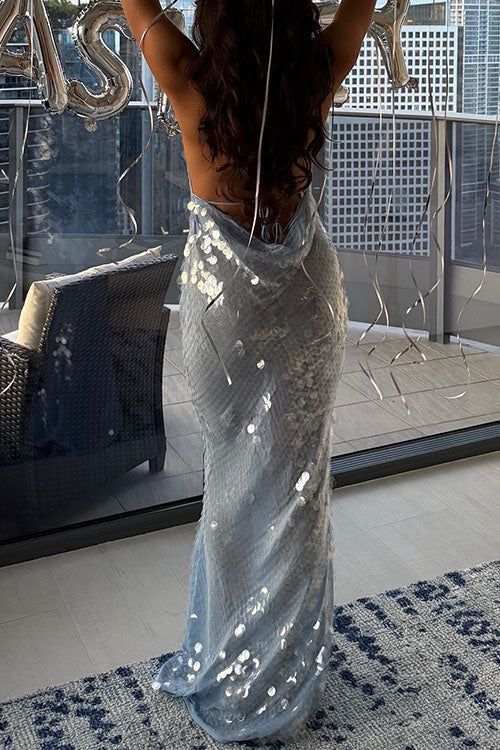 Rebadress Halter Cowl Neck Open Back Sequin Maxi Party Dress