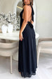 Rebadress Deep V Neck Halter Tie Knot Backless Slit Maxi Dress