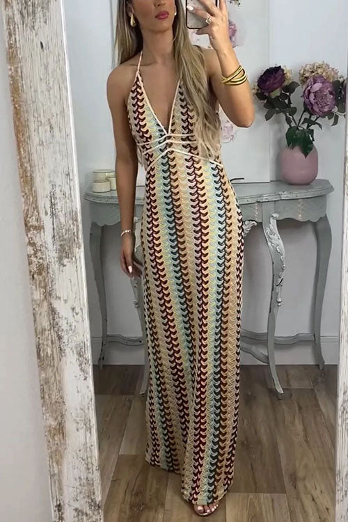 Rebadress Halter V Neck Backless Color Block Crochet Maxi Dress