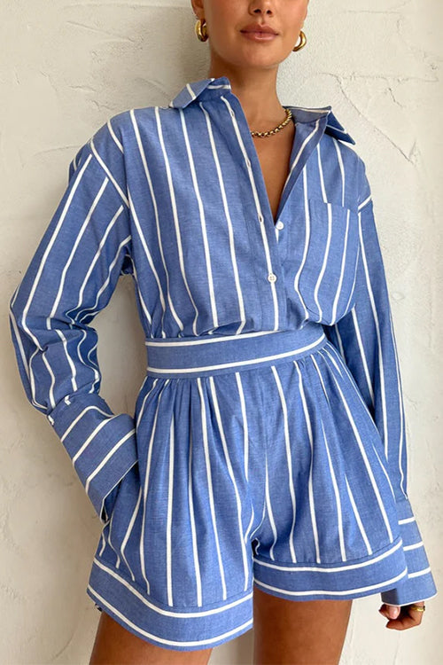 Rebadress Striped Long Sleeves Curve Hem Shirt and High Rise Shorts Set