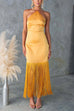 Rebadress Halter Neck Patchwork Fringe Hem Satin Maxi Dress