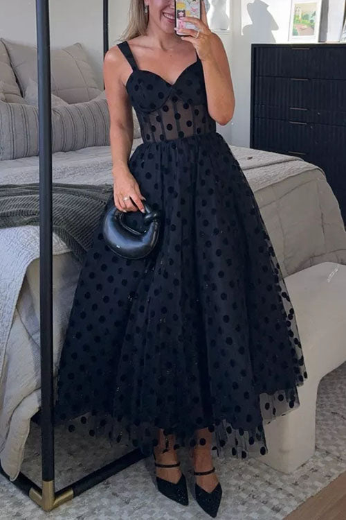 Rebadress V Neck Mesh Polka Dot A-line Midi Cami Dress