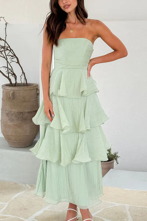 Rebadress Strapless Empire Waist Ruffle Layered Maxi Dress