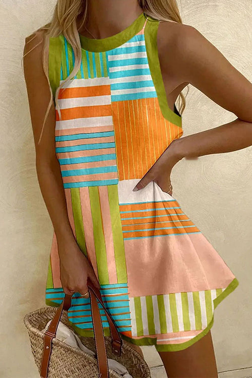Rebadress Sleeveless Striped Color Block A-line Mini Dress