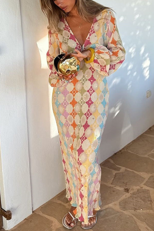 Rebadress V Neck Lantern Sleeves Geometric Print Maxi Dress