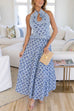 Rebadress Halter Cut Out Backless Frill Trim Floral Print Maxi Dress