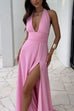 Rebadress Deep V Neck Halter Tie Knot Backless Slit Maxi Dress