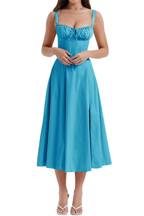 Rebadress Drawstring Neck Slit Bustier Midi Cami Dress