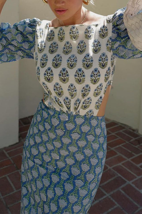 Rebadress Lantern Sleeves Bow Back Cut Out Printed Midi Dress