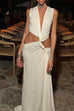 Rebadress V Neck Knot Front Cut Out High Slit Sleeveless Maxi Dress