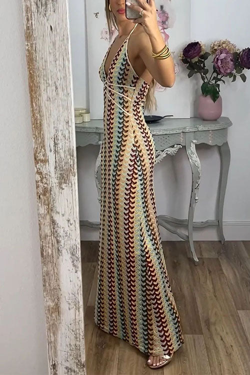 Rebadress Halter V Neck Backless Color Block Crochet Maxi Dress