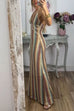 Rebadress Halter V Neck Backless Color Block Crochet Maxi Dress