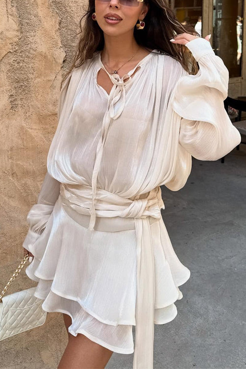 Rebadress Long Sleeves Lace-up Tie Waist Ruffle Mini Dress