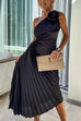 Rebadress 3D Rose One Shoulder Cut Out Waist Asymmetric Hem Pleated Maxi Dress
