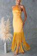 Rebadress Halter Neck Patchwork Fringe Hem Satin Maxi Dress