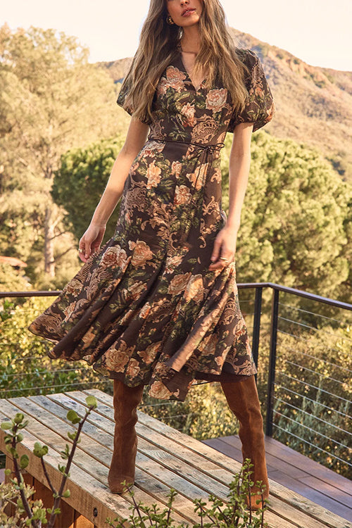 V Neck Puff Short Sleeves Floral Print Midi Dress
