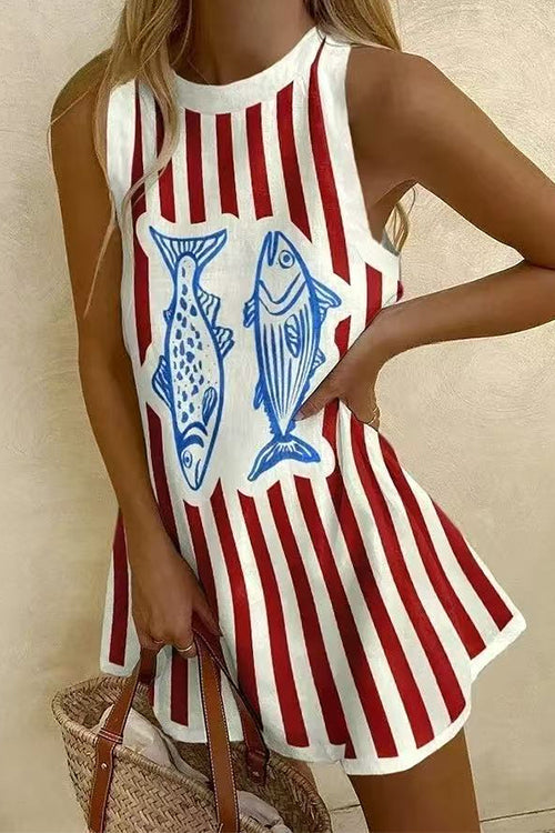 Rebadress Crewneck Sleeveless Fish Print Striped Mini Dress