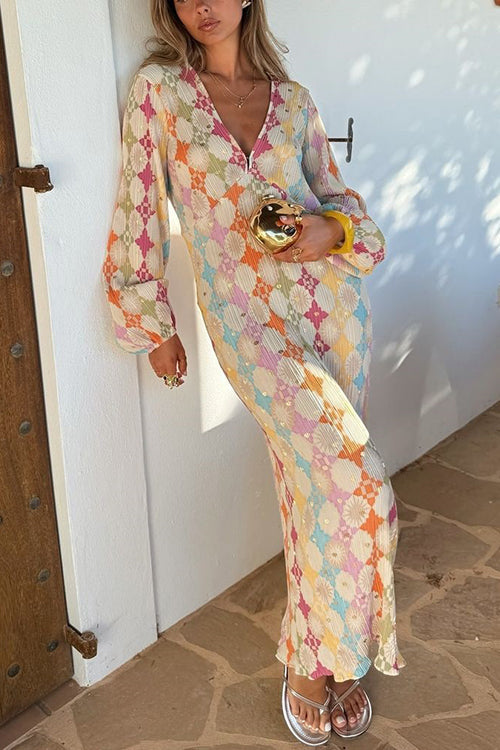 Rebadress V Neck Lantern Sleeves Geometric Print Maxi Dress