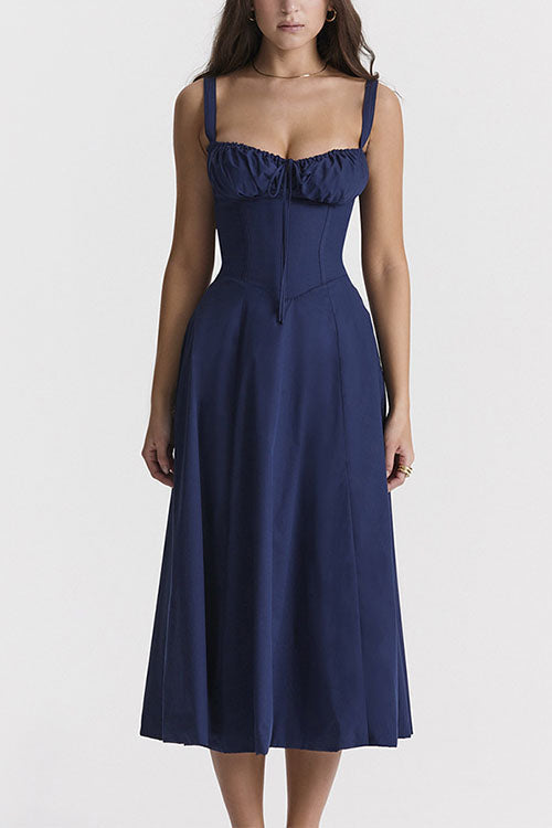 Rebadress Drawstring Neck Slit Bustier Midi Cami Dress