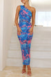 Rebadress One Shoulder Ruched Floral Print Bodycon Maxi Dress