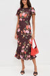 Crewneck Short Sleeves Floral Print Ruffle Hem Midi Dress