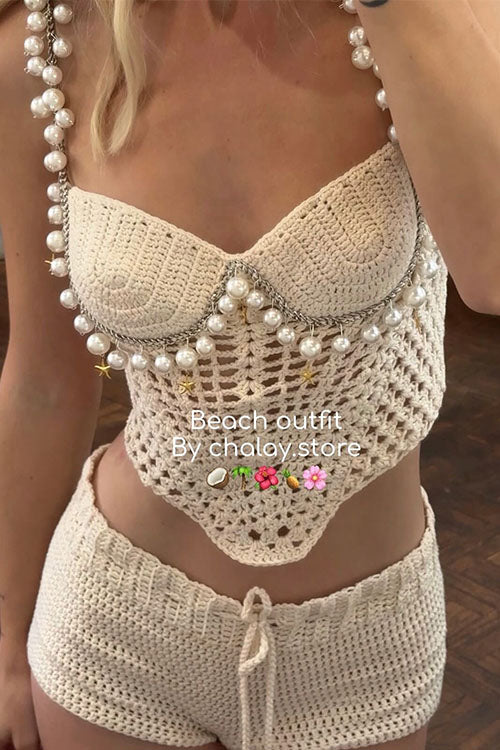 Rebadress Pearl Trim Hollow Out Knit Crop Cami Top