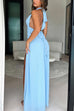 Rebadress Deep V Neck Halter Tie Knot Backless Slit Maxi Dress