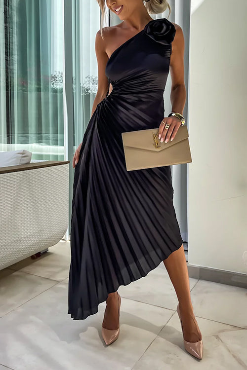 Rebadress 3D Rose One Shoulder Cut Out Waist Asymmetric Hem Pleated Maxi Dress