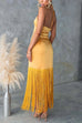 Rebadress Halter Neck Patchwork Fringe Hem Satin Maxi Dress