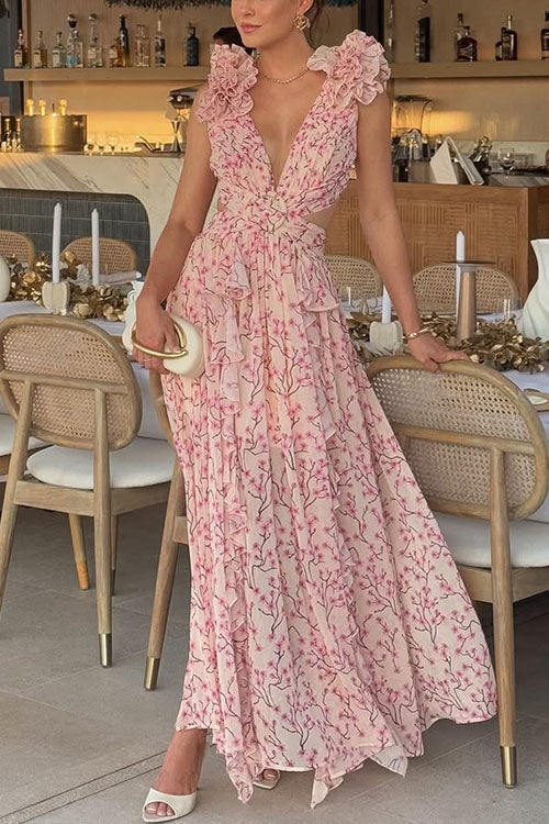 Rebadress Deep V Neck Sleeveless Cut Out Floral Print Ruffle Maxi Dress