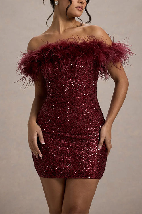 Rebadress Off Shoulder Feather Trim Sequin Mini Party Dress
