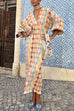 Rebadress V Neck Lantern Sleeves Geometric Print Maxi Dress