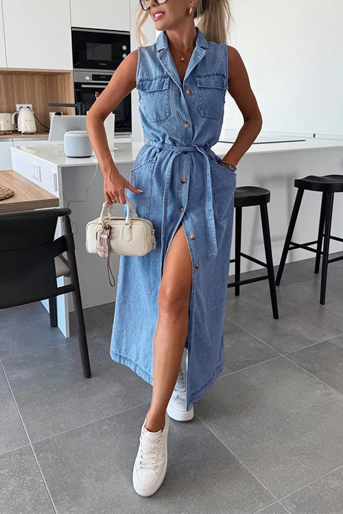 Rebadress Sleeveless Button Down Tie Waist Pocketed Denim Midi Dress