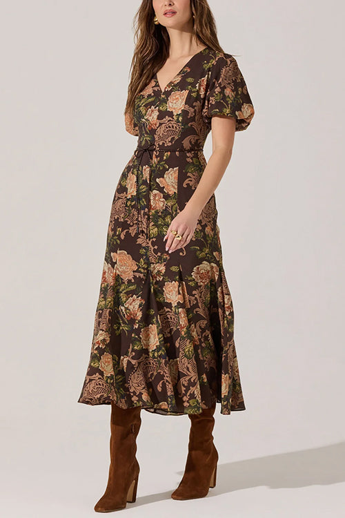 V Neck Puff Short Sleeves Floral Print Midi Dress