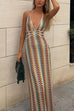 Rebadress Halter V Neck Backless Color Block Crochet Maxi Dress