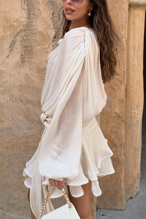 Rebadress Long Sleeves Lace-up Tie Waist Ruffle Mini Dress