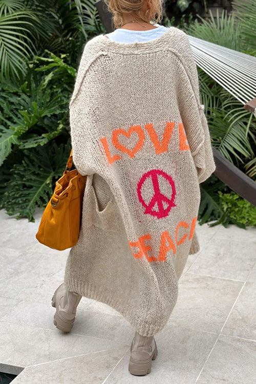 Rebadress Open Front Love and Peace Pattern Long Sweater Cardigan(in 5 Colors)