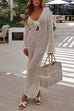 Rebadress V Neck Long Sleeves Backless Crochet Hollow Out Knit Maxi Dress