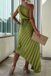 Rebadress 3D Rose One Shoulder Cut Out Waist Asymmetric Hem Pleated Maxi Dress