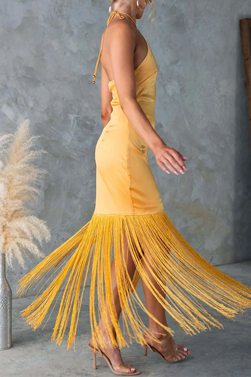 Rebadress Halter Neck Patchwork Fringe Hem Satin Maxi Dress