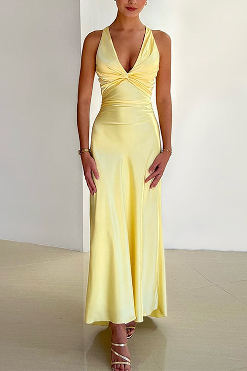 Rebadress V Neck Back Tie Bow Cut Out Satin Maxi Dress