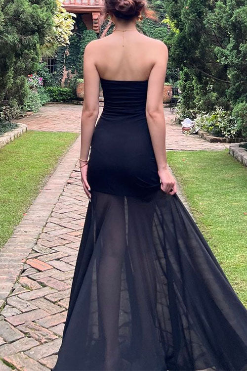 Rebadress Strapless Mesh Splice Bodycon Maxi Dress