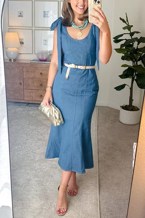 U Neck Bow Shoulder Back Zip Up Denim Midi Dress