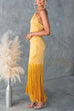 Rebadress Halter Neck Patchwork Fringe Hem Satin Maxi Dress