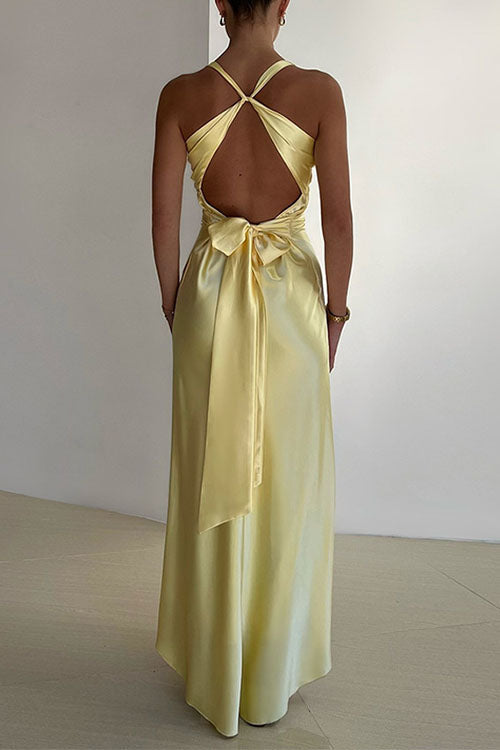 Rebadress V Neck Back Tie Bow Cut Out Satin Maxi Dress