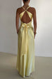 Rebadress V Neck Back Tie Bow Cut Out Satin Maxi Dress
