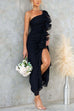 Rebadress One Shoulder Slit Ruffle Mesh Maxi Dress