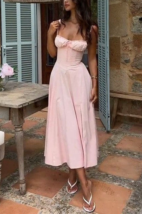 Rebadress Drawstring Neck Slit Bustier Midi Cami Dress